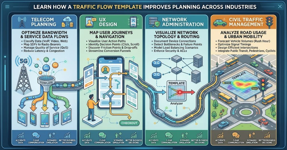 Learn how a traffic flow template improves planning in telecom, UX design, network administration, and civil traffic management with practical examples.